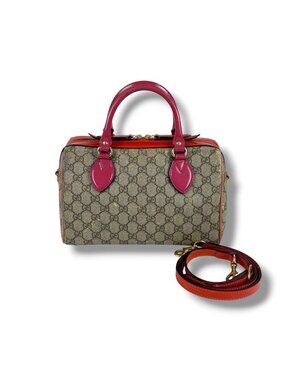 Gucci GG Supreme Canvas 2-Way Small Boston Bag Ebony Hibiscus Red New Rosette